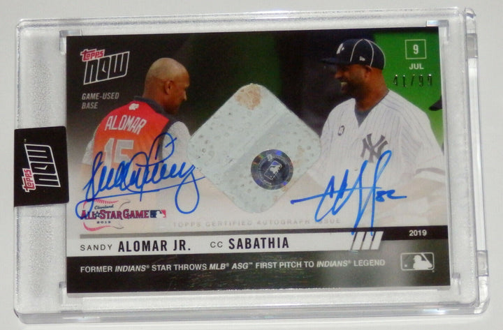 CC SABATHIA SANDY ALOMAR SIGNED GAME USED 1st PITCH ASG BASE TOPPS NOW CARD 494A Image 1
