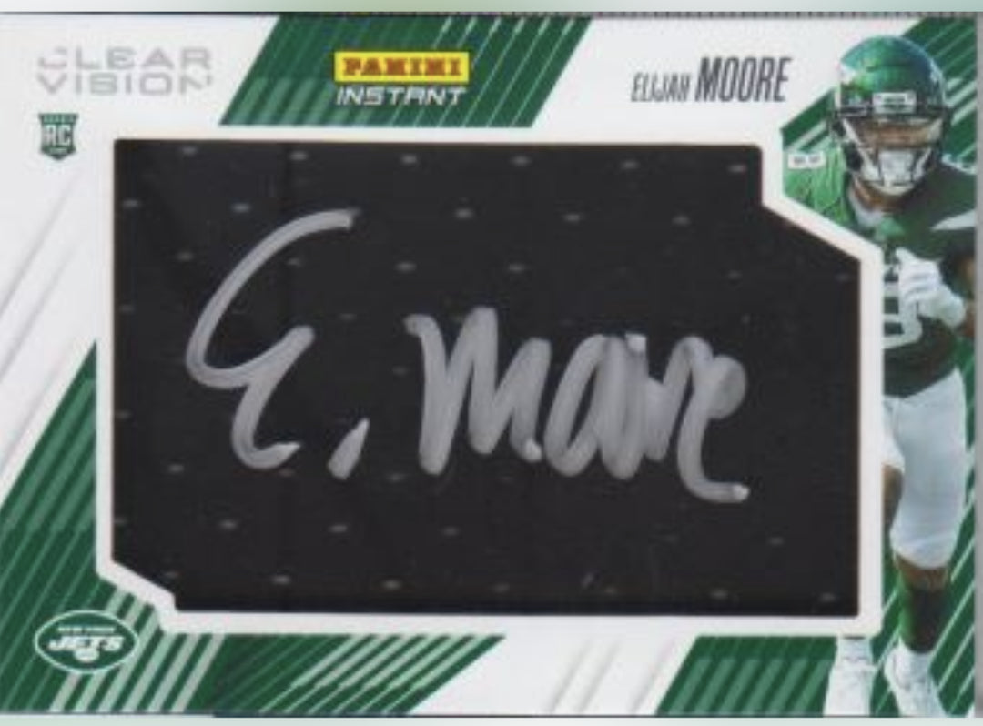ELIJAH MOORE SIGNED PANINI INSTANT CLEAR VISION SWATCH NY JETS ROOKIE CARD #CV14 Image 1