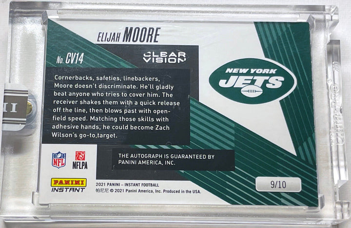 ELIJAH MOORE SIGNED PANINI INSTANT CLEAR VISION SWATCH NY JETS ROOKIE CARD #CV14 Image 5