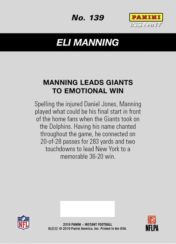 2019 ELI MANNING LEADS GIANTS TO WIN FINAL CAREER GAME PANINI INSTANT CARD #139 Image 2