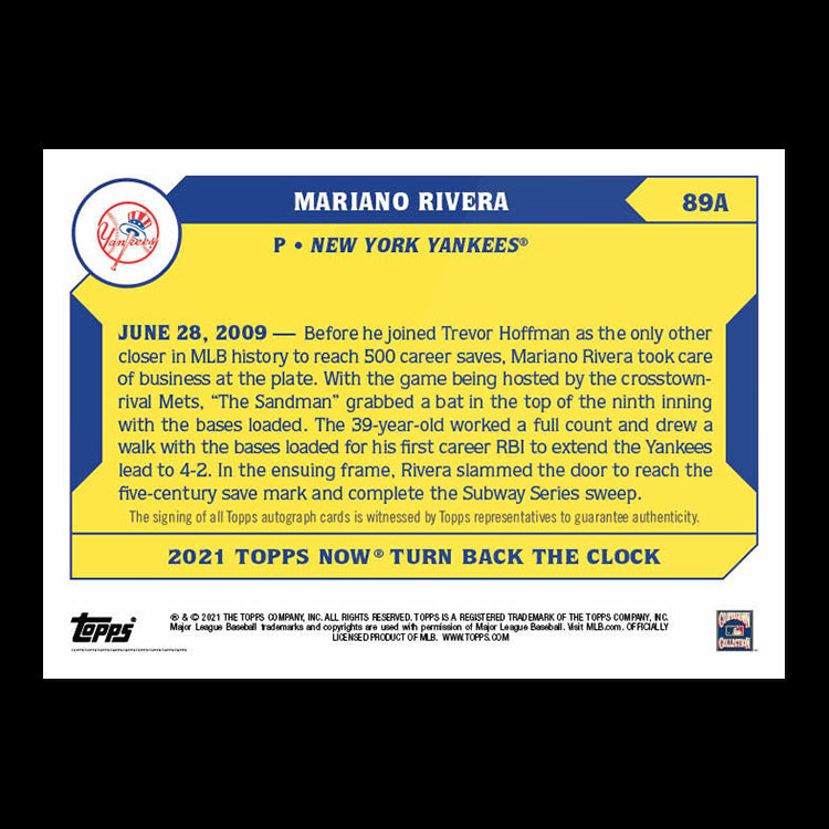 MARIANO RIVERA SIGNED 1st RBI 500 SAVES TOPPS TURN BACK THE CLOCK AUTO CARD #89A Image 2