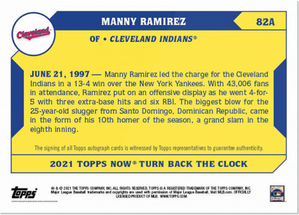 MANNY RAMIREZ SIGNED TOPPS TURN BACK THE CLOCK 1997 4-FOR-5 +6 RBI AUTO CARD 82A Image 2