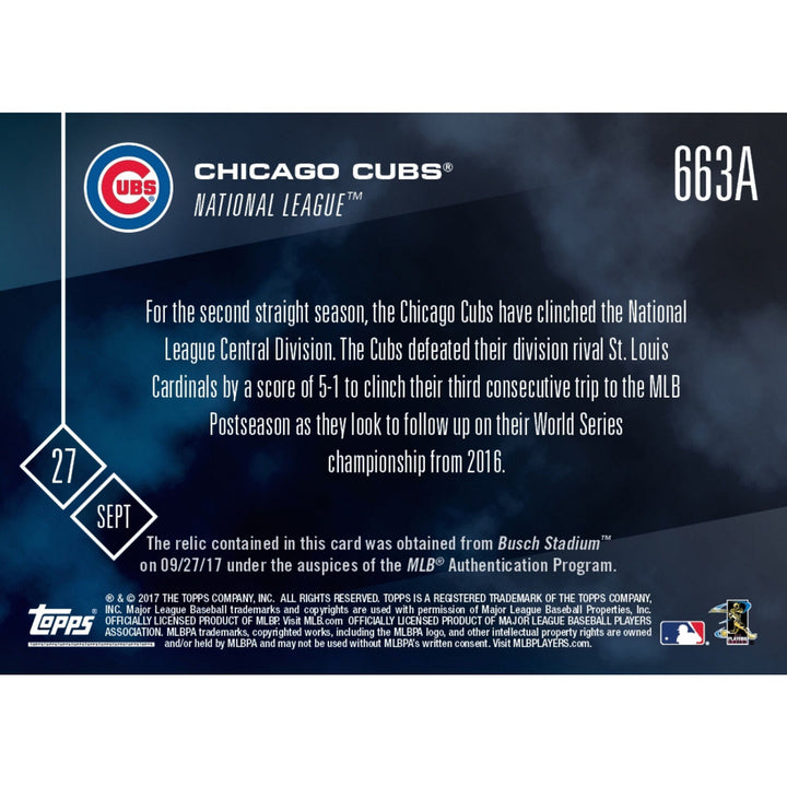 2017 CHICAGO CUBS CLINCH NL CENTRAL TOPPS NOW #663A GAME USED BASE RELIC CARD 30 Image 2