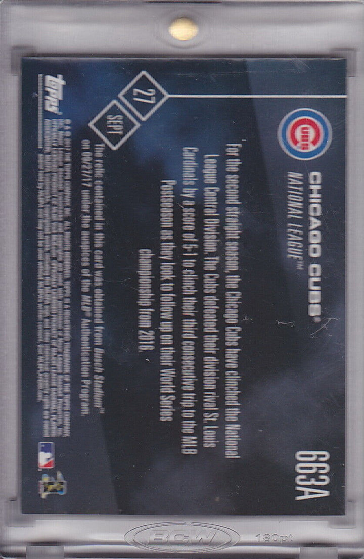2017 CHICAGO CUBS CLINCH NL CENTRAL TOPPS NOW #663A GAME USED BASE RELIC CARD 30 Image 4