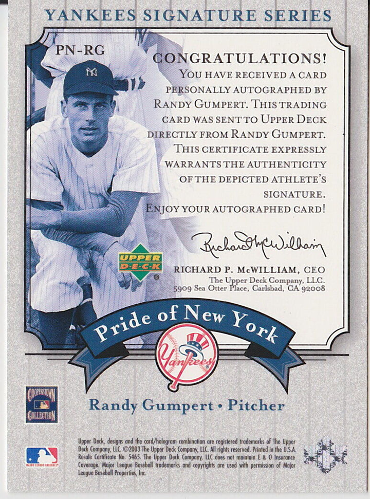 RANDY GUMPERT SIGNED UPPER DECK SIGNATURE CARD SERIES NY YANKEES SENATOR SOX A's Image 2
