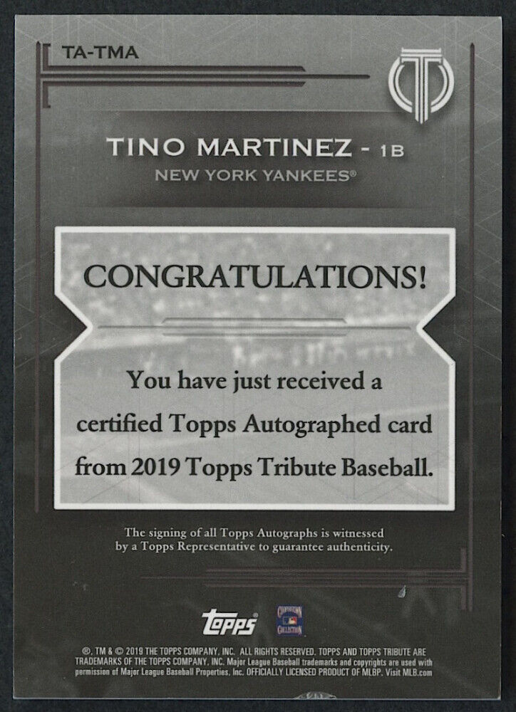 TINO MARTINEZ SIGNED 2019 TOPPS CERTIFIED AUTOGRAPH TRIBUTE CARD #TATMA #136/199 Image 2