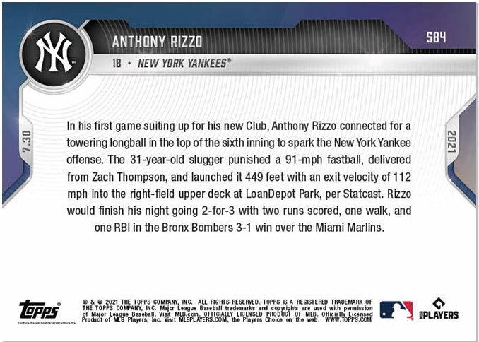ANTHONY RIZZO LAUNCHES FIRST HR AS A YANKEE TOPPS NOW PURPLE PARALLEL CARD #584 Image 2