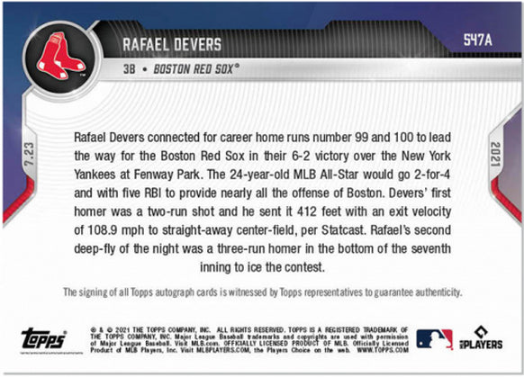 RAFAEL DEVERS SIGNED CONNECTS FOR CAREER HR's NO. 99 & 100 TOPPS NOW CARD #547A Image 2