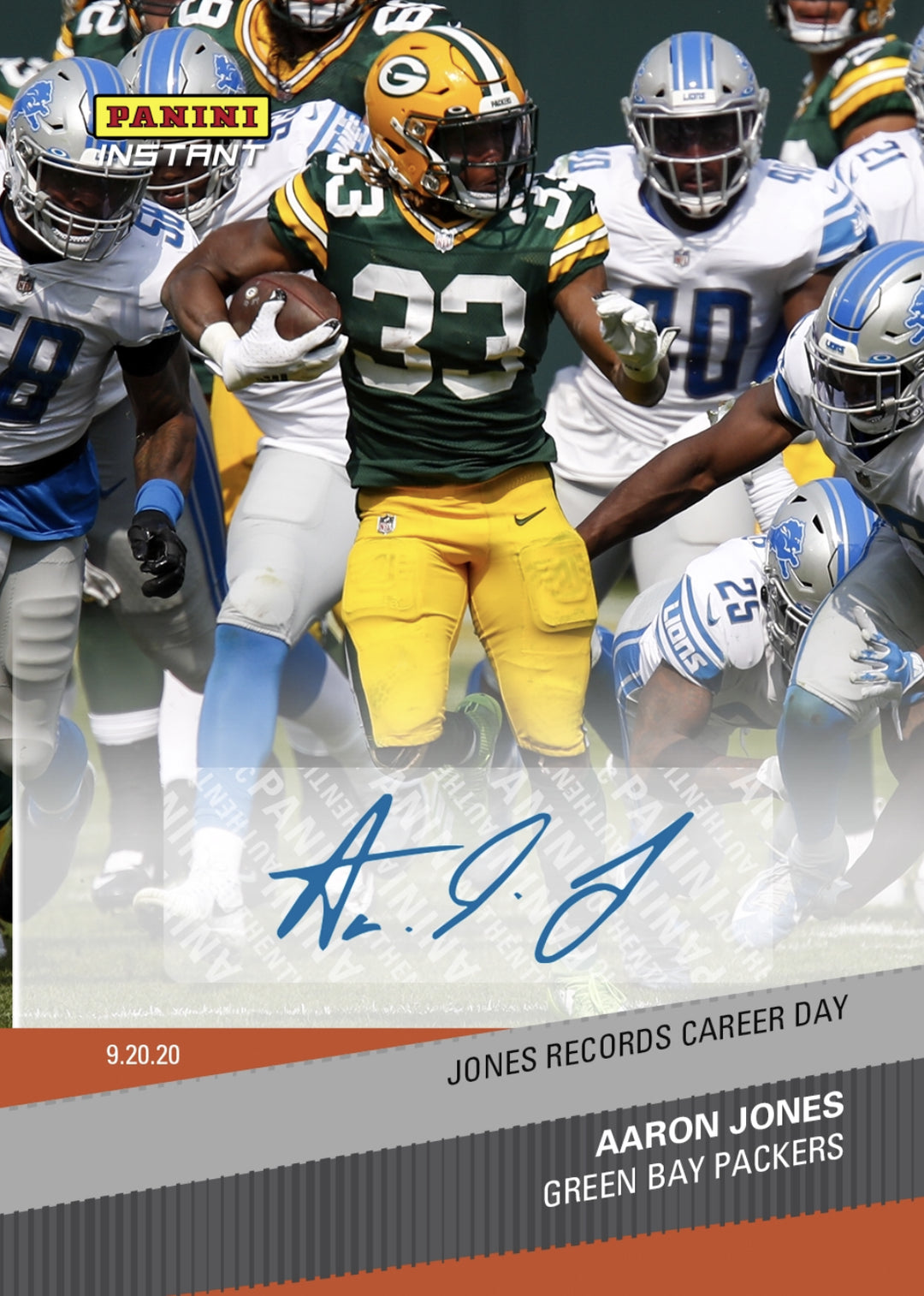 2020 AARON JONES RECORDS CAREER DAY SIGNED PANINI INSTANT PACKERS AUTO CARD #26 Image 1