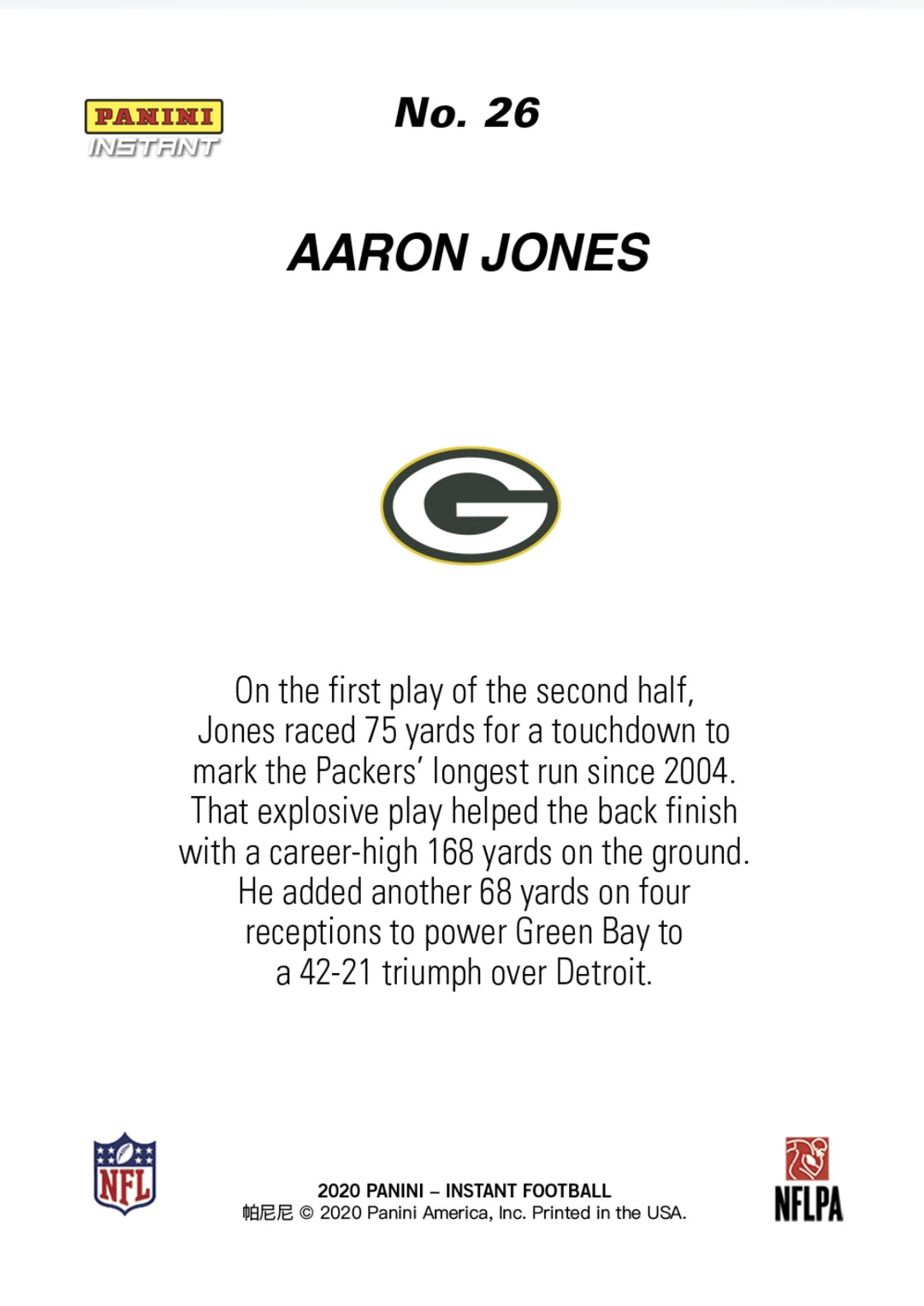 2020 AARON JONES RECORDS CAREER DAY SIGNED PANINI INSTANT PACKERS AUTO CARD #26 Image 2
