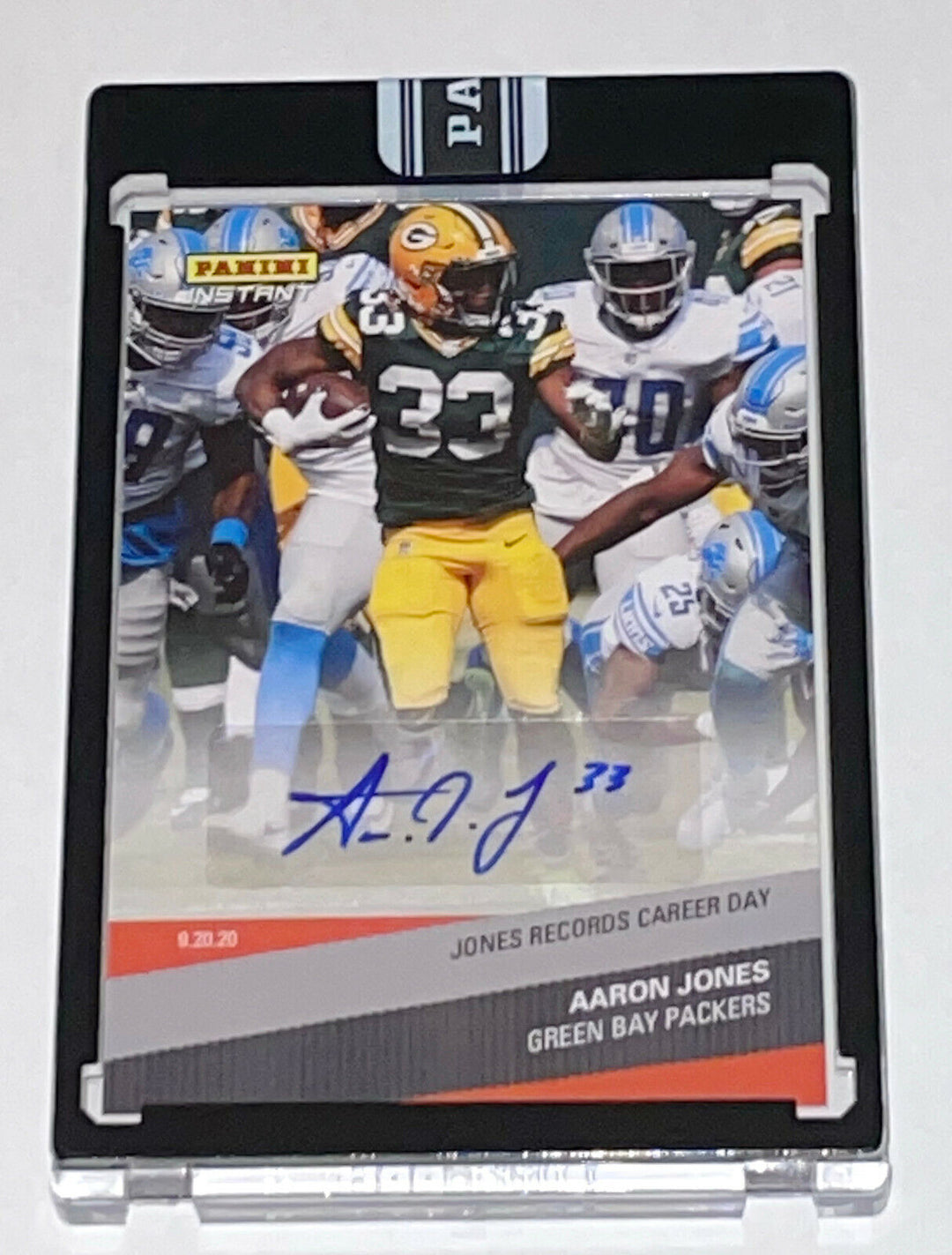 2020 AARON JONES RECORDS CAREER DAY SIGNED PANINI INSTANT PACKERS AUTO CARD #26 Image 3