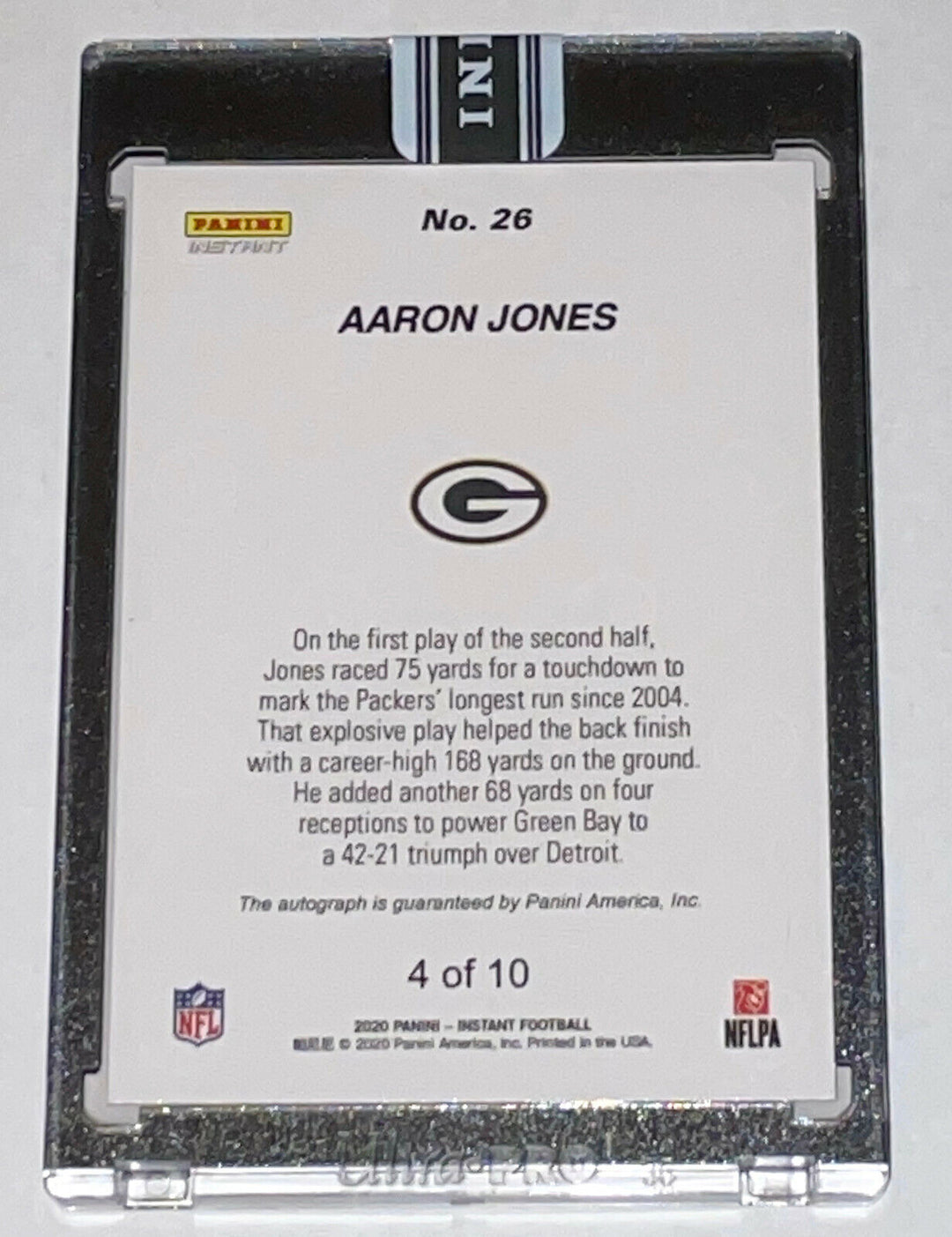 2020 AARON JONES RECORDS CAREER DAY SIGNED PANINI INSTANT PACKERS AUTO CARD #26 Image 4