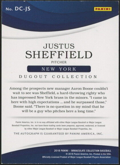 JUSTUS SHEFFIELD SIGNED PANINI YANKEES CARD #DC-JS IMMACULATE DUGOUT COLLECTION  Image 12