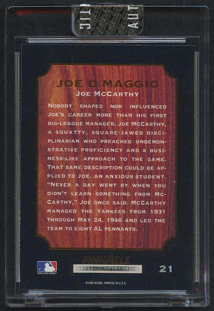 JOE DIMAGGIO 1993 PINNACLE CARD #21 FIRST GAME w/ ENCAPSULATED HAND-WRITTEN WORD Image 2