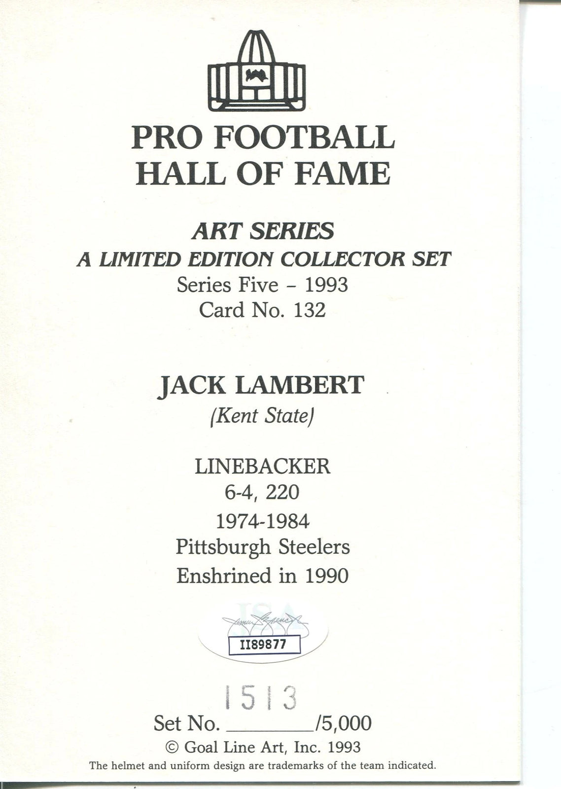 Autographed Goal Line Jack Lambert Pittsburgh Steelers Card