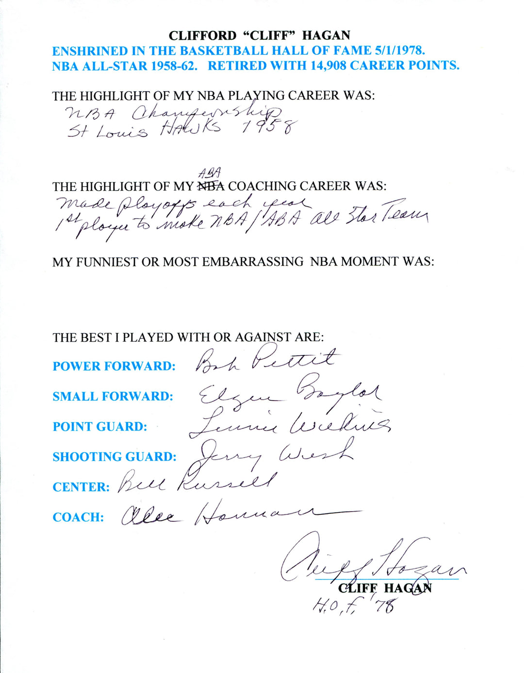 Cliff Hagan Autographed Hand Filled Out Survey Page (JSA) Image 3