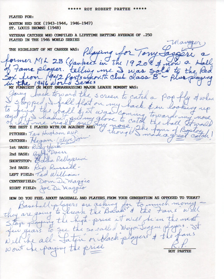 Roy Partee Autographed Hand Filled Out Survey Page (JSA) Image 3
