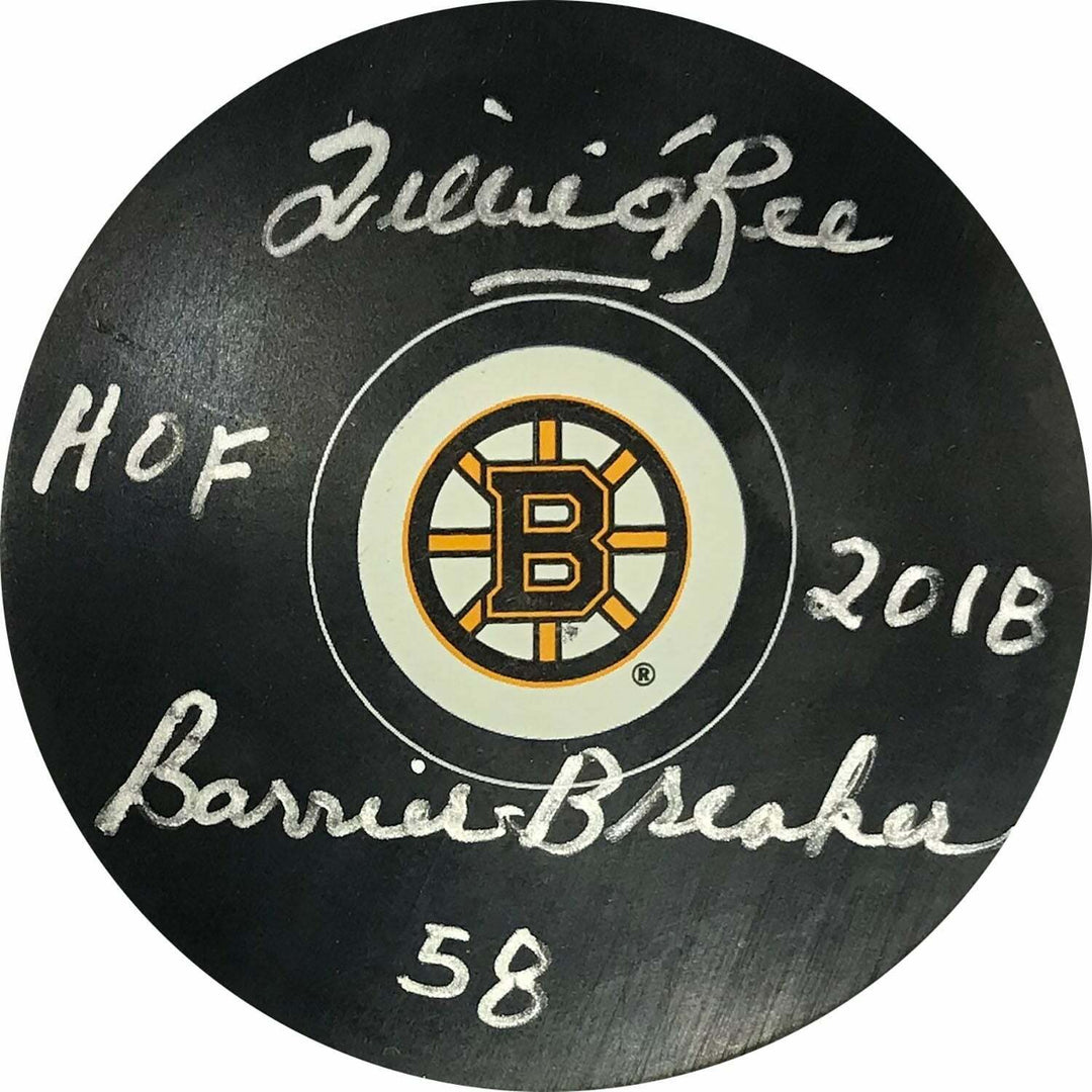 Willie O'Ree "HOF 2018, Barrier Breaker 58" Autographed Boston Bruins Puck (PSA) Image 1