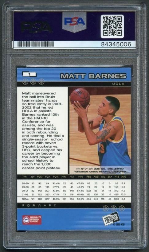 2002-03 Press Pass #1 Matt Barnes Signed Card AUTO PSA Slabbed RC Image 2