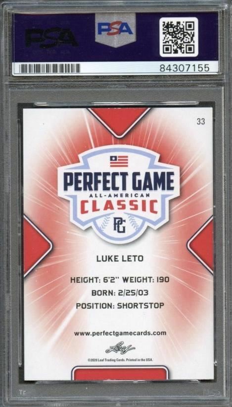 2020 Leaf Perfect Game Luke Leto Signed Card AUTO PSA Slabbed Image 3