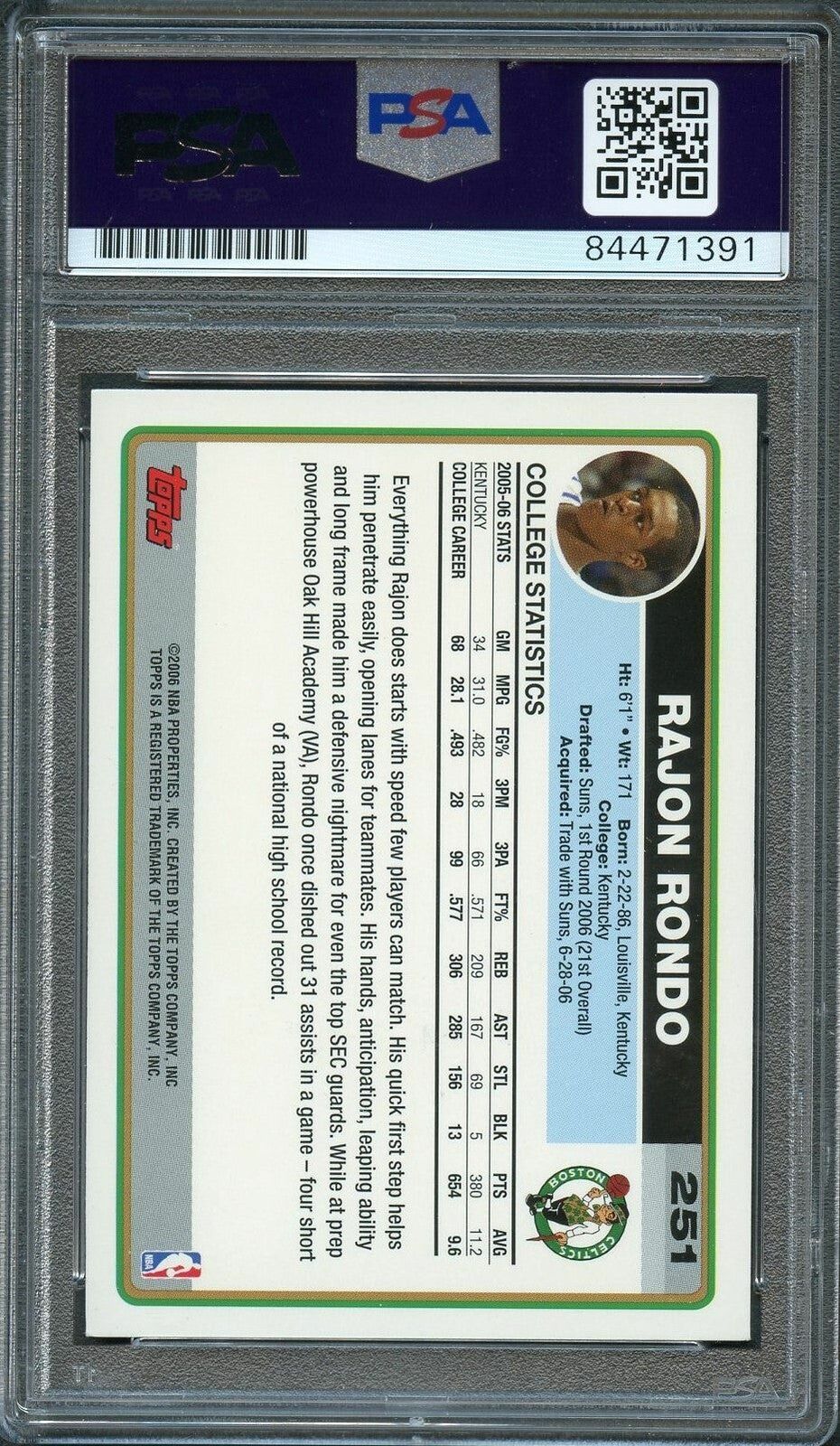 2006-07 Topps #251 Rajon Rondo Signed Card AUTO 10 PSA/DNA Slabbed RC Celtics Image 2