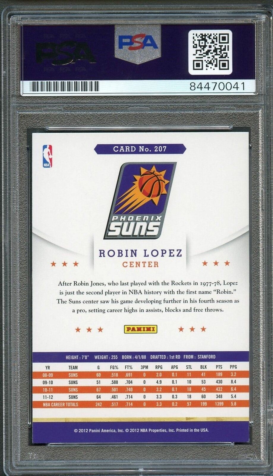 2012-13 NBA Hoops #207 Robin Lopez Signed Card AUTO PSA Slabbed Suns Image 2