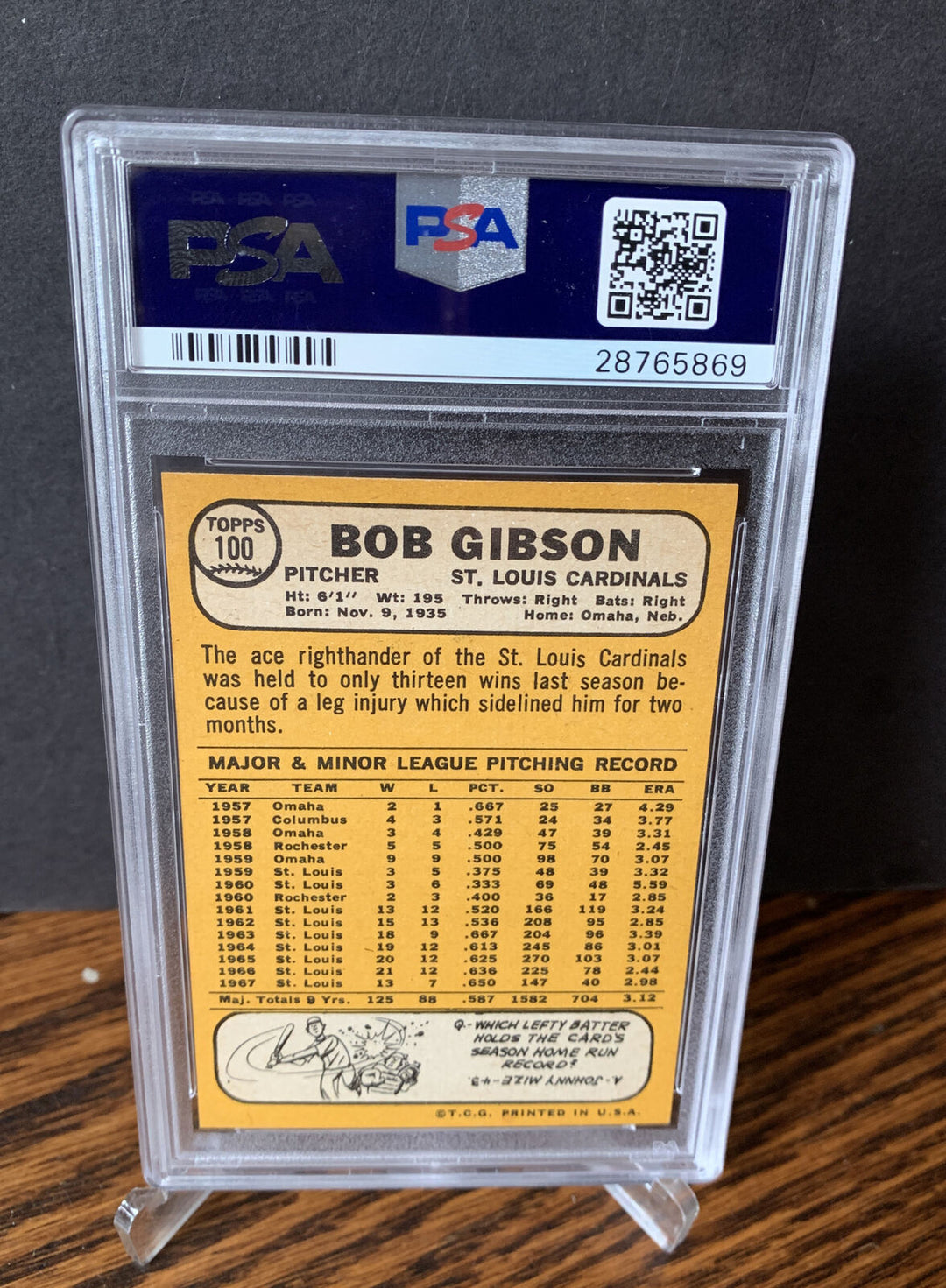 1968 TOPPS Card # 100 BOB GIBSON PSA 8.5 Mint + Beauty Cy Young Mvp Hof Image 5