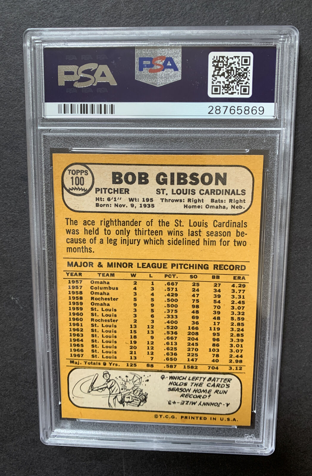 1968 TOPPS Card # 100 BOB GIBSON PSA 8.5 Mint + Beauty Cy Young Mvp Hof Image 8