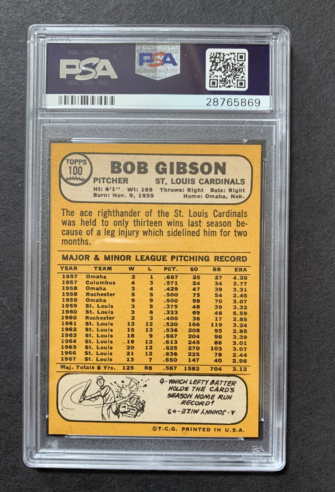 1968 TOPPS Card # 100 BOB GIBSON PSA 8.5 Mint + Beauty Cy Young Mvp Hof Image 9