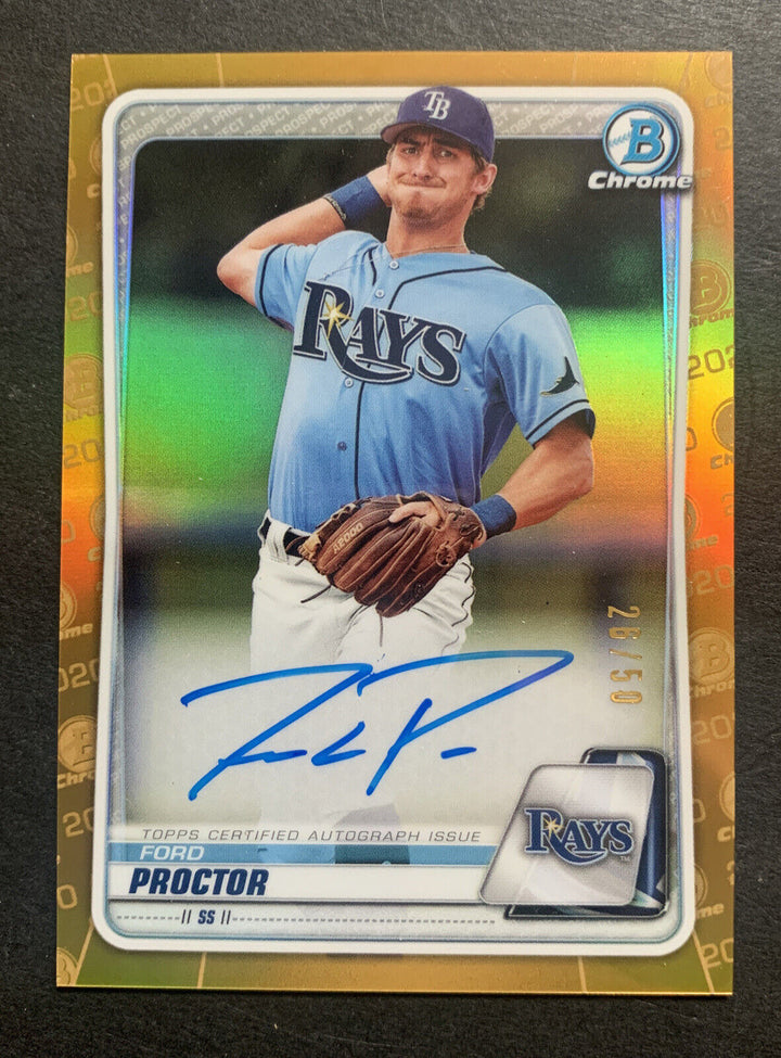 2020 bowman chrome Ford Proctor GOLD WAVE refractor Mint AUTO /50 Tampa Rays Image 2