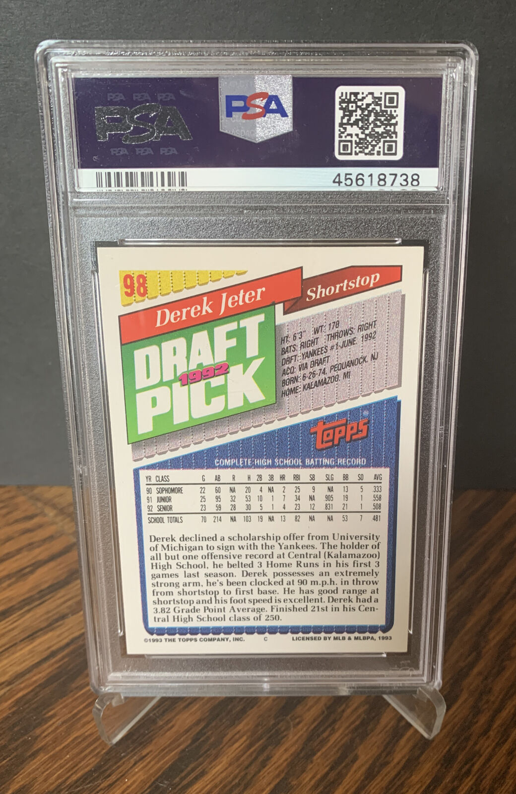 Derek Jeter Autographed 1993 Topps Rookie Card #98 New York