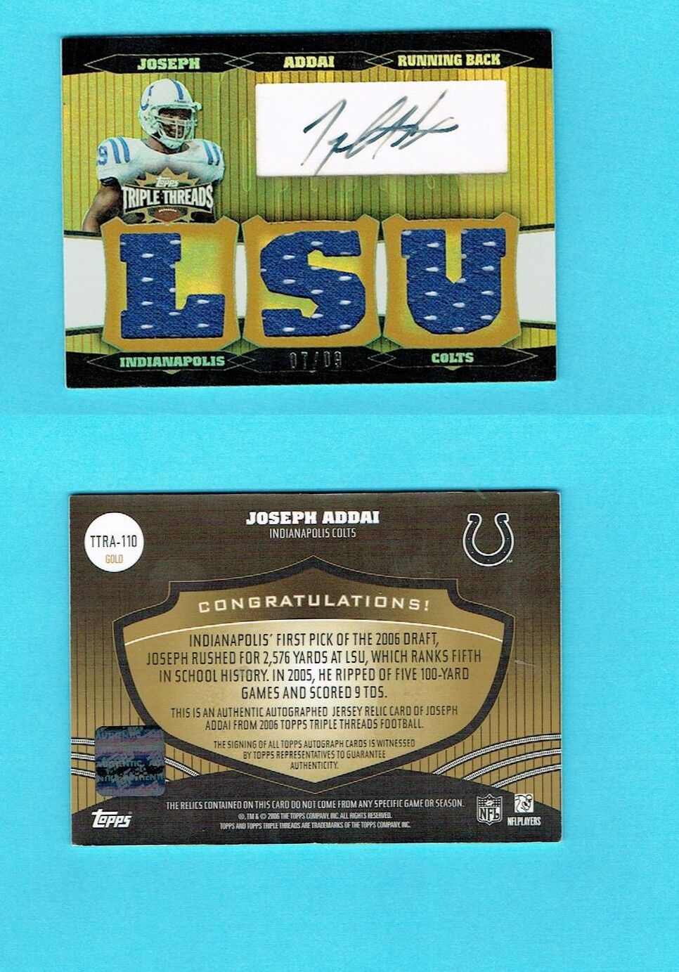 2006 TRIPLE THREADS JOSEPH ADDAI AUTO JERSEY ROOKIE CARD # 7/9 signed  colts  Image 3
