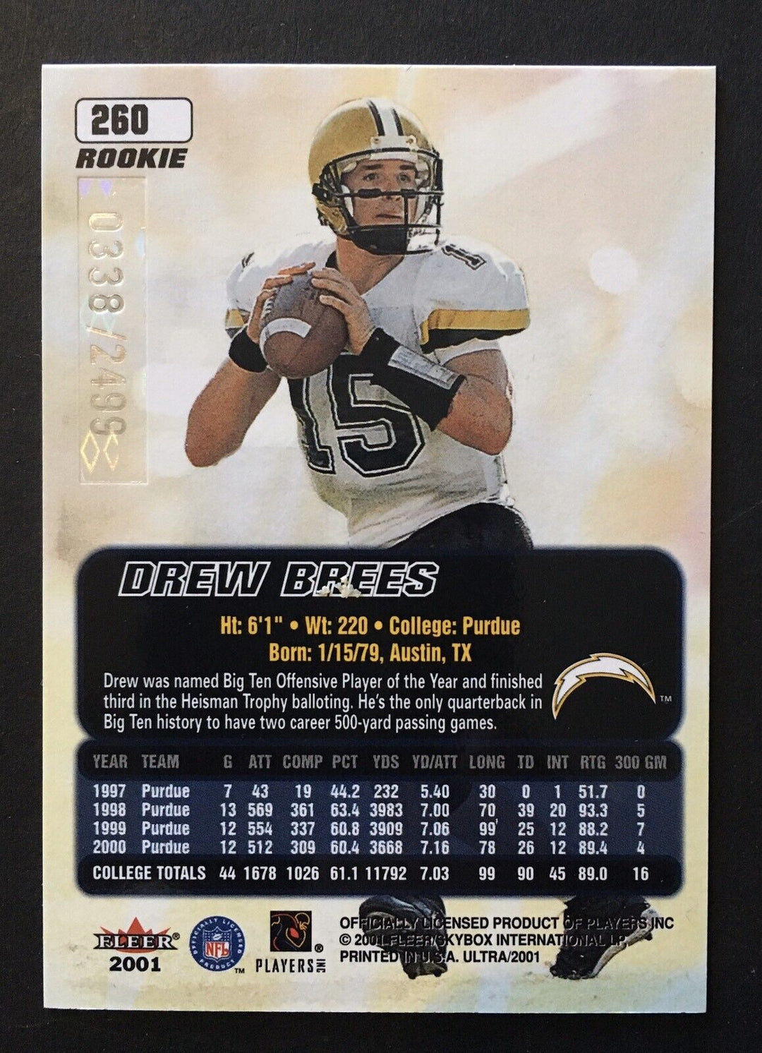 Drew Brees Fleer Ultra 2001 Rookie card # 260 Mint Le /2499 Great Card Image 2
