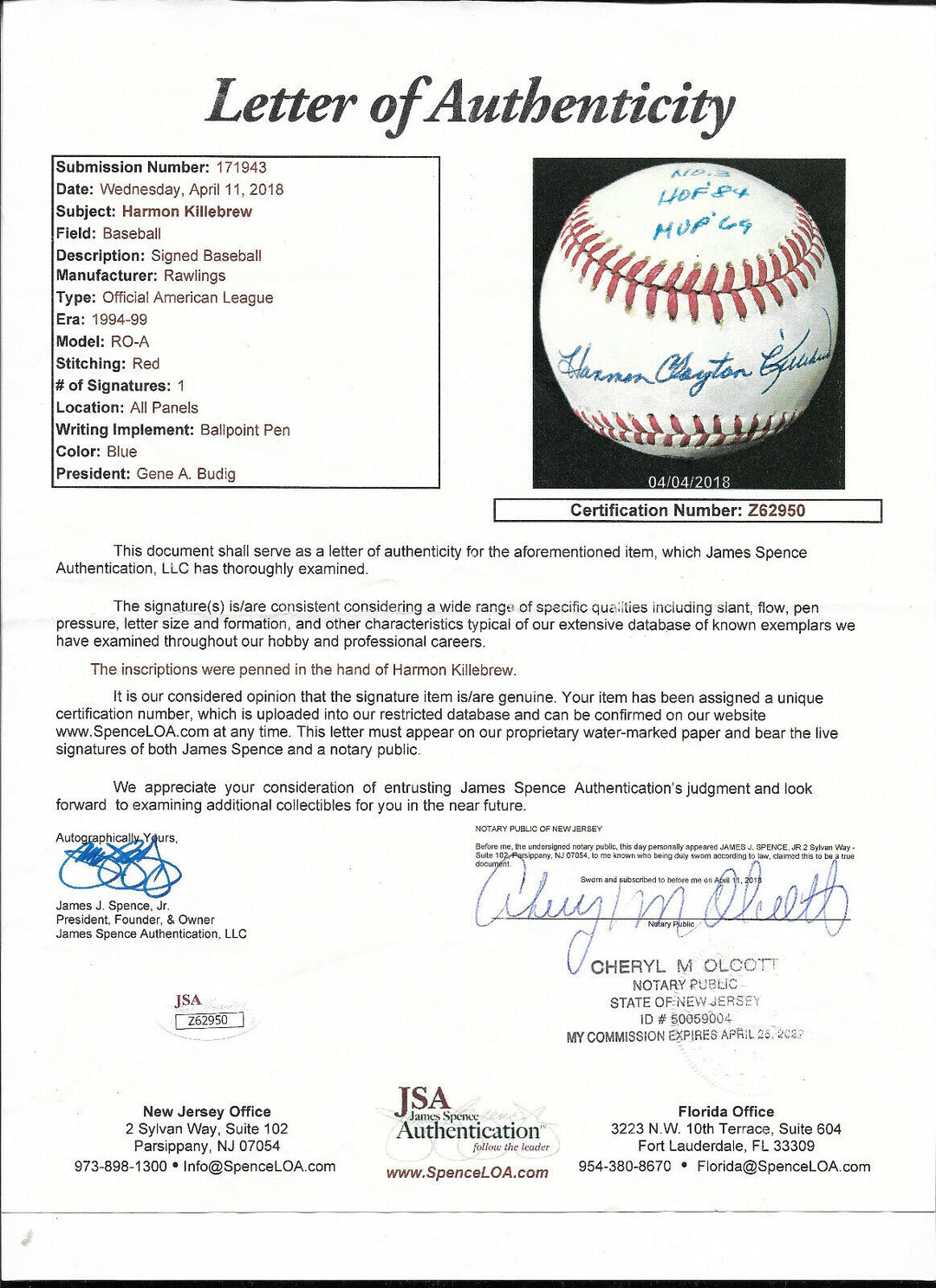 Harmon Killebrew Signed full name INS 6 Stat AL Baseball Mint Autograph JSA LOA Image 6