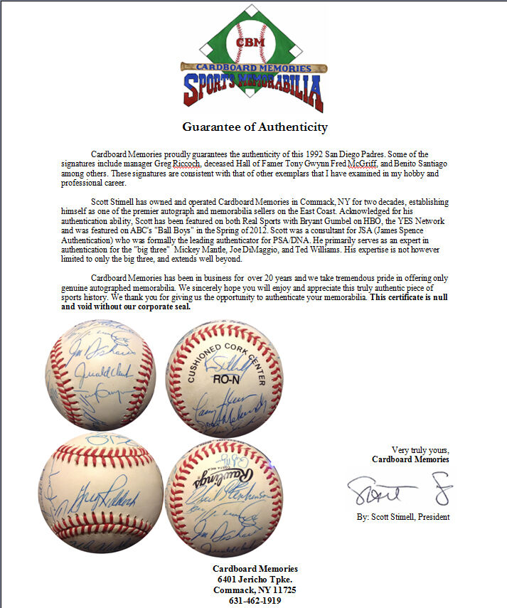1992 San Diego Padres Team Signed NL Baseball 26 Autos Gwynn McGriff COA Image 19