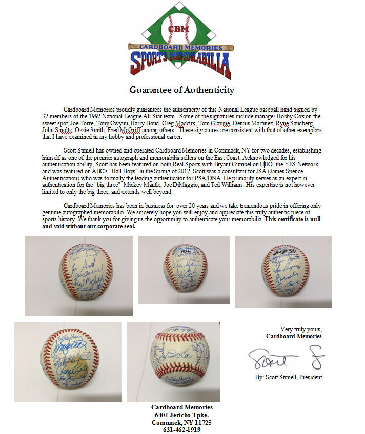 1992 All Star Game National League Team Signed Baseball 32 Bonds Gwynn Autos COA Image 8