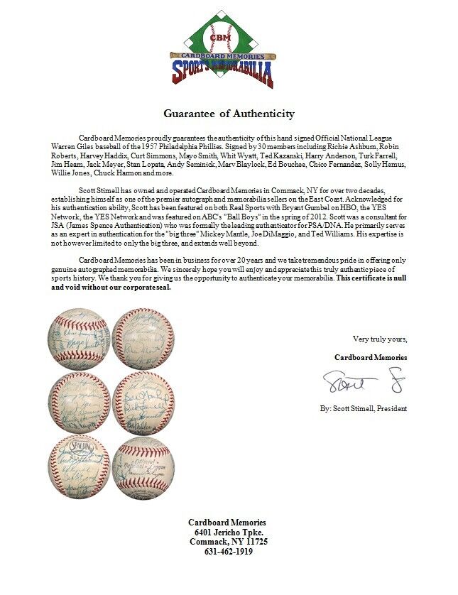 1957 Philadelphia Phillies Team Signed NL Giles Baseball 30 Autos Ashburn COA Image 12