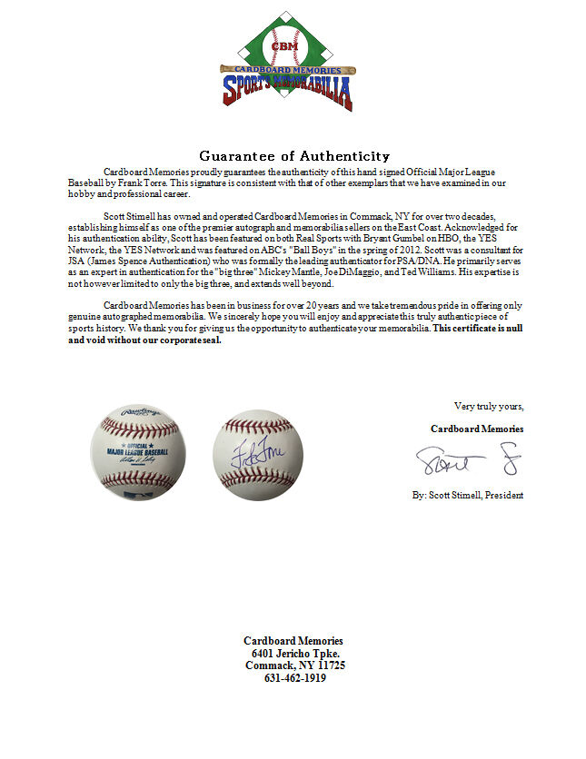 Frank Torre Signed Official Mlb Baseball Autograph braves mint auto cbm coa  Image 5