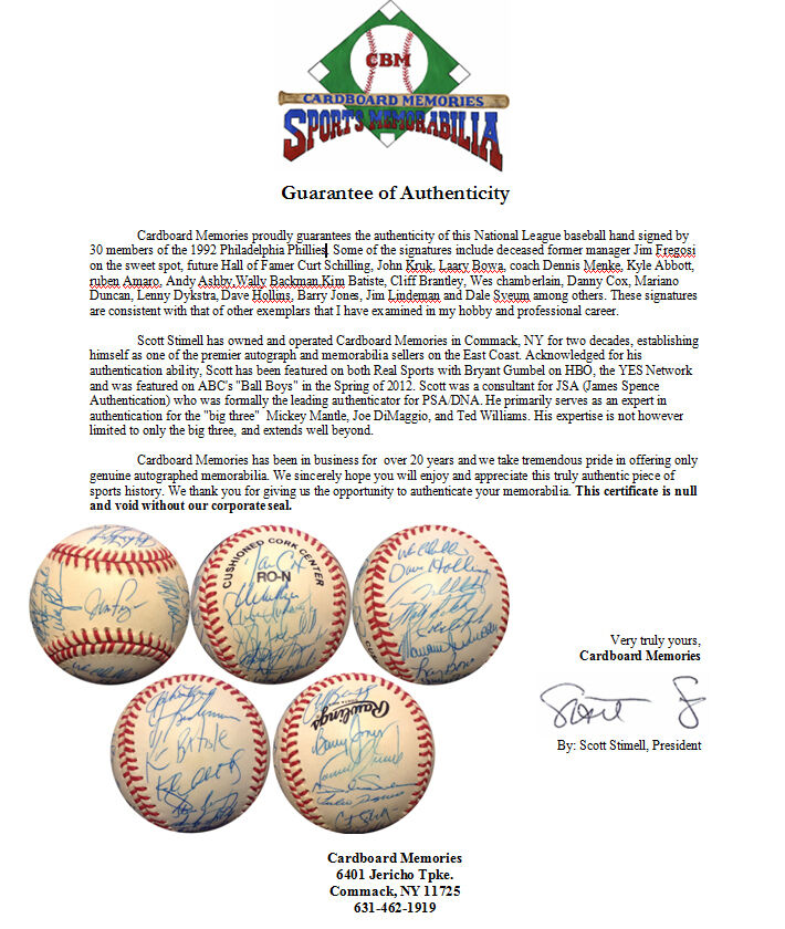 1992 Philadelphia Phillies Team Signed NL Baseball 31 Auto CURT Schilling COA Image 12