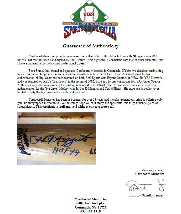 Phil Rizzuto Yankees signed Ls Game Model bat INS HOF 94 autograph CBM COA Image 12