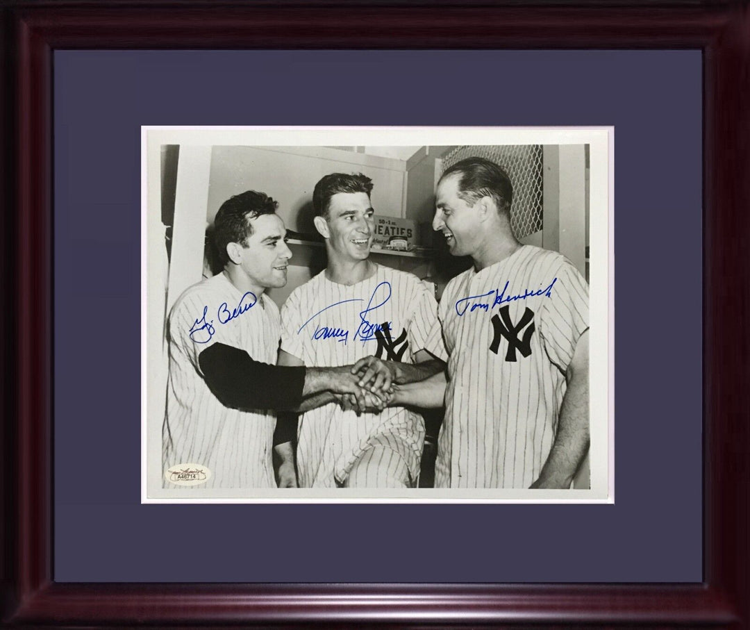 Yogi Berra Tommy Byrne Tom Heinrich signed 8x10 photo framed 3 mint auto JSA COA Image 1