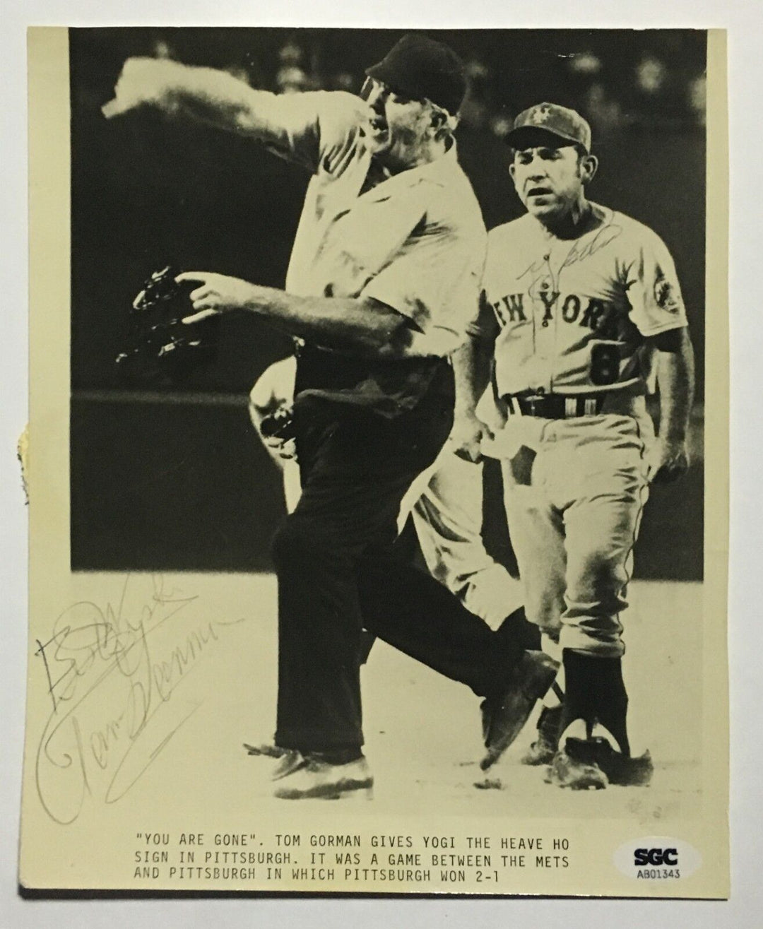 Yogi Berra Tom Gorman ejection dual signed 8x10 original wire photo SGC 1/1 Image 11