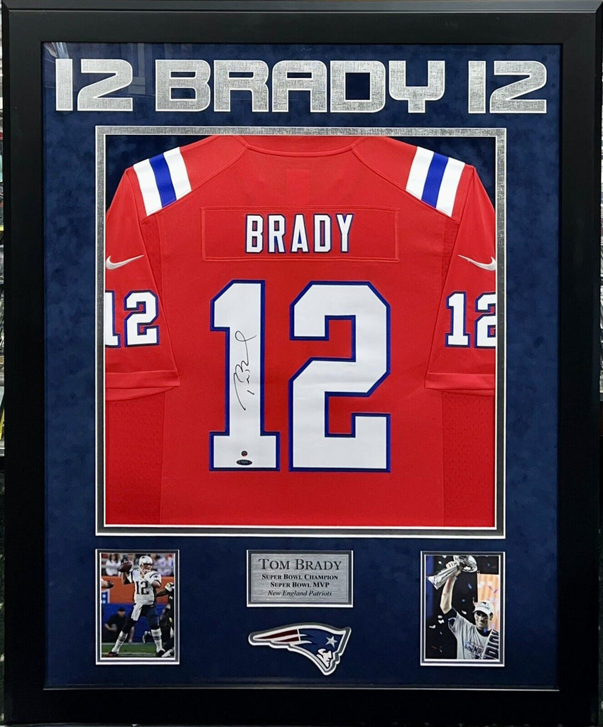 Tom Brady Signed Patriots Red Nike Throwback Jersey Framed SB MVP