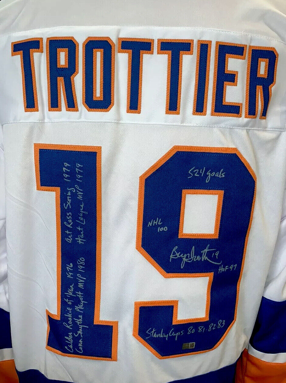 Bryan Trottier Signed Islanders 8 Stat Jersey HOF Stanley Cup Mvp Auto  Steiner