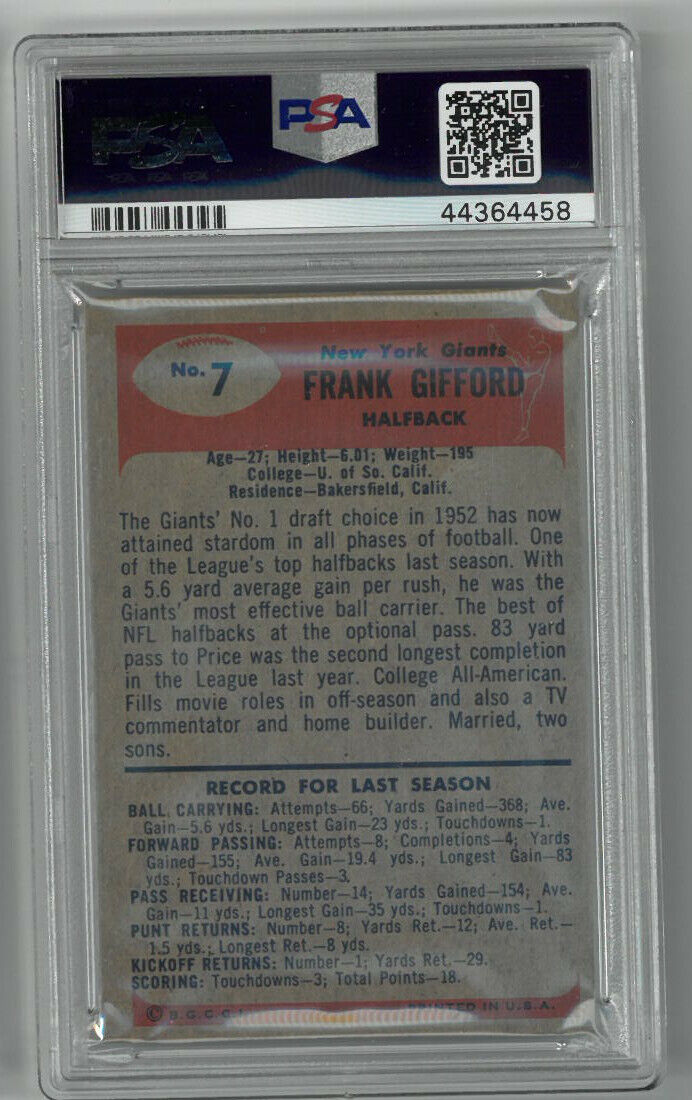 Frank Gifford New York Giants 1955 Bowman Card #7- PSA Graded 5.5 Excellent+ Image 2