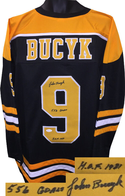 Johnny Bucyk signed TB Custom Stitched Jersey dual HOF 1981 & 556 Goals XL - JSA Image 1