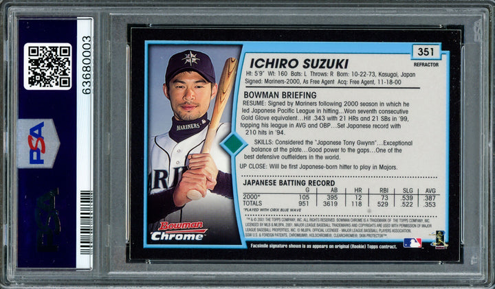 Ichiro Suzuki 2001 Bowman Chrome Refractor RC PSA 9 Gem 10 Auto PSA/DNA 63680003 Image 8