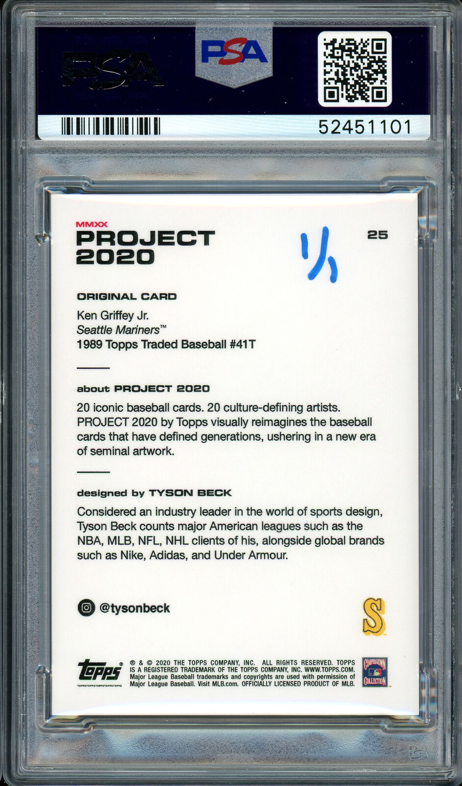 Ken Griffey Jr. Auto Topps Project 2020 Tyson Beck Card "24" #1/1 PSA 52451101 Image 4