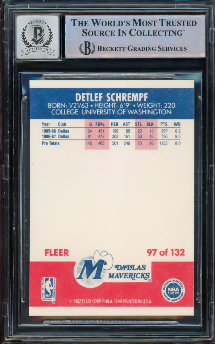 DETLEF SCHREMPF 1987 FLEER ROOKIE CARD MAVERICKS GEM 10 AUTO BECKETT 206119 Image 5