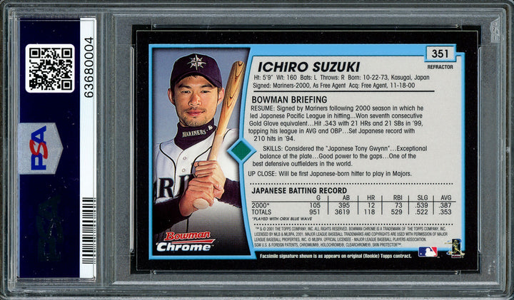 Ichiro Suzuki 2001 Bowman Chrome Refractor RC PSA 8 Gem 10 Auto ROY MVP Image 4